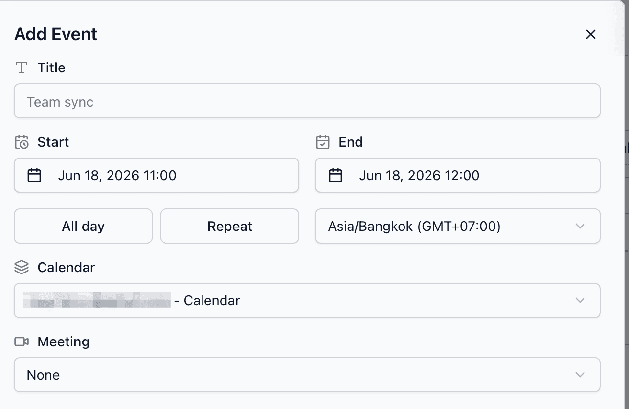Add Event form with Title, Calendar, and Meeting fields