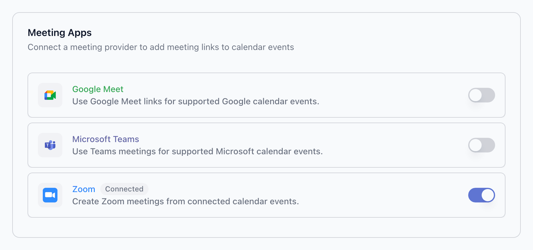 Settings App tab showing Meeting Apps — Zoom toggle