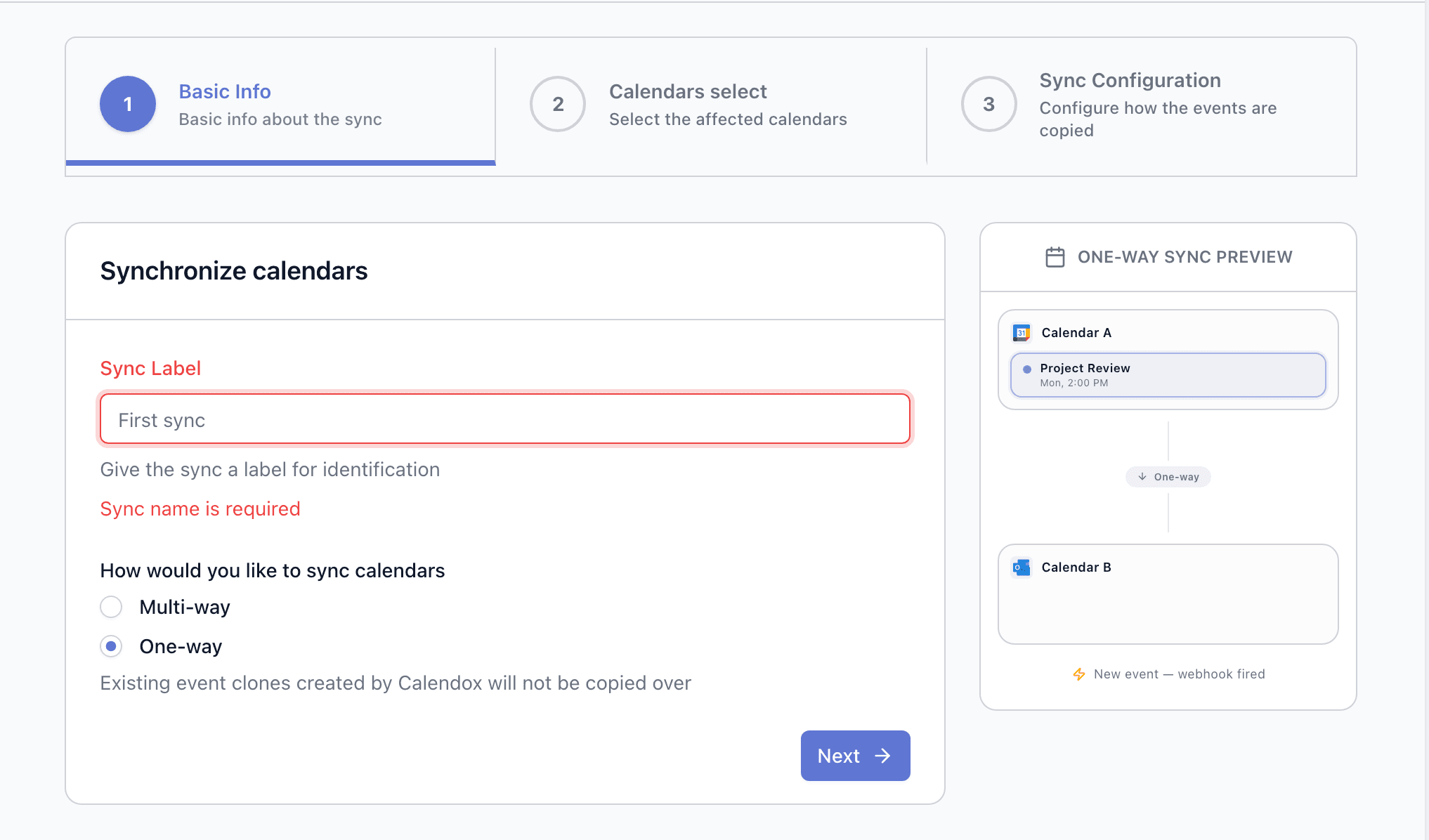 Create sync — Step 2: select calendars